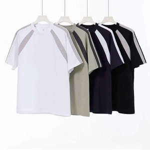 เสื้อยืดแขนราแกลนสีดำสำหรับผู้ชาย แต่งผ้าตาข่ายสีขาว คอกลม ทรงปกติ สวมใส่สบาย ระบายอากาศได้ดี ผลิตจากผ้าถักโพลีเอสเตอร์ 100% - Product Image 4