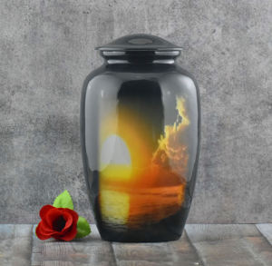 Wholesale Luxury Pine <b>Tree</b> Landscape Metal Cremation Urn Bulk Memorial Jar with Nature Lake Scenery and Polished Enamel Finish - Product Image 3