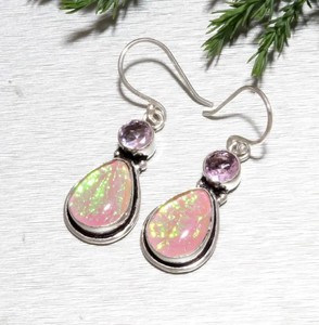 Boucles d'oreilles pendantes en opale rose plaquées argent pour femmes, forme goutte d'eau avec pierre de quartz rose - Product Image 6