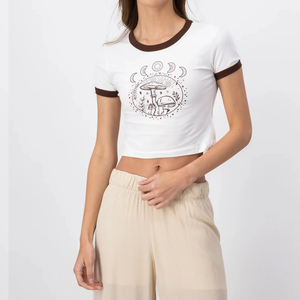 T-shirt court blanc pour femme, col rond, manches courtes, motif champignon et lune, style bohème, printemps-été, 100 % coton jersey - Product Image 2