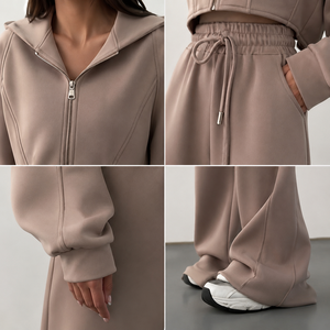 Ensemble de survêtement unisexe épais et écologique à capuche, coupe ajustée, imprimé, couleur unie, en velours, avec pantalon et sweat-shirt longs, poches latérales - Product Image 5