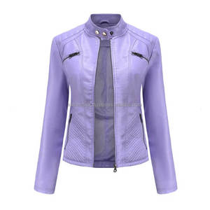 Venta al por mayor OEM/ODM lavanda motorista de cuero de las mujeres Slim Fit acolchado transpirable viscosa Stand Collar cremallera cierre chaquetas personalizadas - Product Image 1