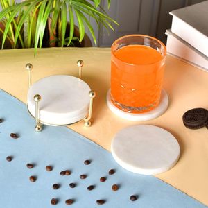 White Round <b>Marble</b> <b>Coaster</b> with Stand 4 pcs Natural Solid Handmade <b>Marble</b> <b>Coaster</b> Table Decorative <b>Coaster</b> Set with Holder - Product Image 1
