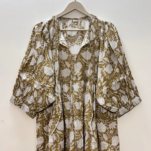 Vestido Casual Midi de Algodón Tejido con Estampado Floral para Mujer, Mangas Abullonadas, Cintura Imperio, Estilo Babydoll, Cuello en V, Corte Holgado - Product Image 3