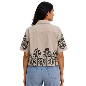 Beige Women Cropped Button Shirt Black Floral Embroidery Short Sleeve Casual Summer Blouse Cotton Fashion Designer <b>Top</b> Custom - Product Image 2