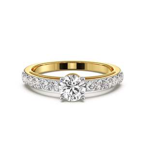 Bague de fiançailles en moissanite taille ronde avec bande pavée, bague de luxe bicolore or et argent - Product Image 2