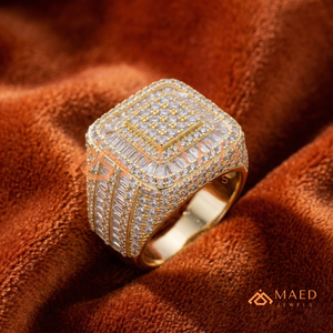 18K Gold Plated Tiered Square <b>Ring</b> | Iced Out Baguette & Round Stone Medallion | Hip Hop Gold Statement Band for <b>Men</b> - Product Image 4