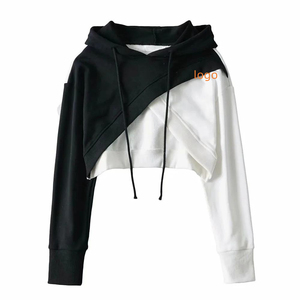 Sweat-shirt décontracté en coton tricoté pour femme, asymétrique, uni, brodé, à manches longues, coupe classique, avec poches et logo frontal, écologique - Product Image 1