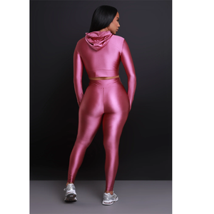 <b>Women</b> Pink Hooded Long Sleeve Crop Top High Waist Leggings <b>Set</b> Solid Color Spandex Polyester Gym Wear Full Length Trendy - Product Image 2