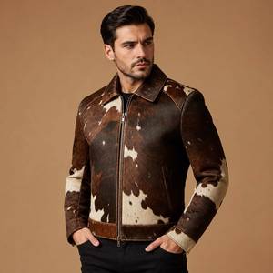 Chaqueta de Cuero Genuino para Hombre, Estilo Motero, con Cuello Camisero, Cierre de Cremallera, Estampado Animal, para Invierno - Product Image 1