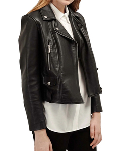 Custom Black Cropped <b>Biker</b> <b>Jacket</b> for Women Waterproof Breathable Genuine <b>Leather</b> Long Sleeve Front Zipper Winter Spring - Product Image 4