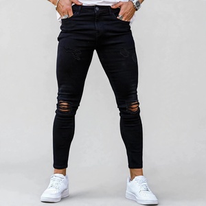 Jean en denim noir déchiré coupe slim pour homme, taille haute, en coton, délavé, décontracté, pour l'automne - Product Image 1