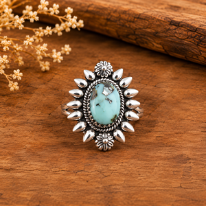Bague ajustable faite à la main, style bohème western, avec grand cluster de fleurs vertes et turquoise, bijou fantaisie en pierres précieuses - Product Image 4
