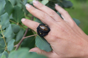 Anillo de Macramé con Ojo de Tigre, Hecho a Mano, Ajustable, con Cordón Negro, Anillo Bohemio con Piedra Preciosa para Mujer - Product Image 3