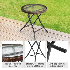 Tavolino marrone esterno con piano in vetro temperato piccolo tavolo di vimini pieghevole per Patio giardino giardino con balcone portico piscina - Product Image 4