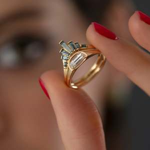 14k Gold Diamond Ring Emerald Cut prong Setting Minimalist Engagement Women's floral Style - Product Image 4