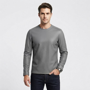 Camiseta de Manga Larga para Hombre, de Color Sólido, en Cuero PU, Cuello Redondo, Elástica, Estilo Casual, con Aspecto de Cuero, para Uso Diario - Product Image 6