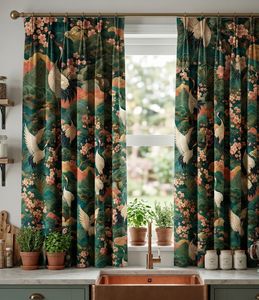 Artistic Crane And Cherry Curtain Velvet Or Blackout Art Nouveau <b>Window</b> Panel Elegant Printed Drapes for Living Room Bedroom - Product Image 1