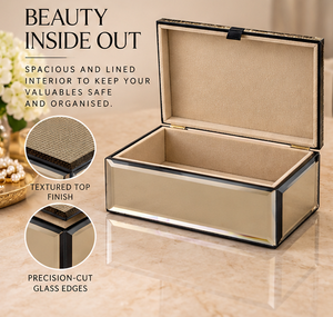 Taupe Textured Glass Jewelry Storage Box with <b>Black</b> Trim Glossy Finish Soft Lining Decorative Keepsake and <b>Vanity</b> Organizer - Product Image 3
