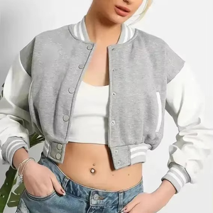 Gray White Varsity Jacket Cropped Bomber Style <b>Button</b> Front Casual Autumn Wear Unisex Short Length Knitted Polyester Cotton Mix - Product Image 1