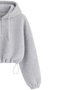 Sudadera con capucha corta de forro polar texturizado gris claro con cremallera de cuarto, dobladillo con cordón ajustable, estilo casual urbano, cálida, para hombre, con logo personalizado - Product Image 3