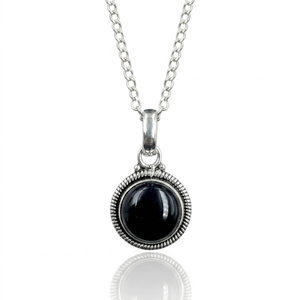 Pendentif en argent onyx noir fait main, cabochon rond, bijoux en gros, collier avec chaîne de 20 pouces - Product Image 1