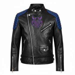 Blouson de motard en cuir noir pour homme, coupe-vent gothique à capuche avec broderie flamme violette, manteau de moto personnalisé, veste streetwear d'hiver - Product Image 1