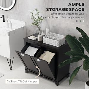 Mobili da Bagno Neri con Superficie Impermeabile, Cesto Portabiancheria Ribaltabile con 2 Scomparti - Product Image 4
