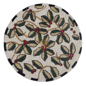 Handcrafted Beaded <b>Christmas</b> <b>Placemat</b> Holly Berry Round Table Mat Festive Holiday Charger Plate Dining Centerpiece Decor - Product Image 1