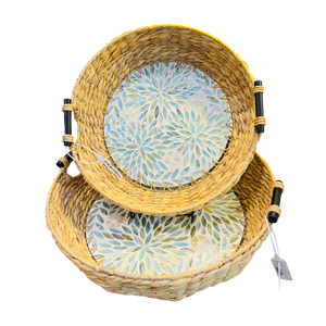 Handwoven Rattan Decorative <b>Tray</b> Mother Pearl Inlay Round Serving <b>Basket</b> Flexible Table Display Vietnam Craft - Product Image 5