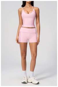 2026 Pink Seamless Yoga Set <b>Crop</b> <b>Top</b> High Waist Shorts Halter Neck Contrast Stitch Breathable Spandex Polyester 2 Piece - Product Image 3