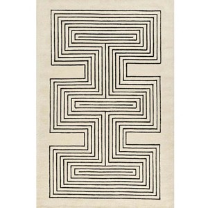 Tapis moderne à motifs géométriques à bordures à carreaux, beige crème neutre, en laine tuftée à la main, doux et moelleux, pour salon et chambre à coucher - Product Image 6