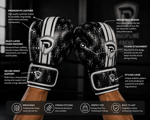 Dumela Custom Wholesale Boxing Gloves Leather <b>Black</b> White Skeleton Pattern High Quality Vertical Style Custom Sizes Training - Product Image 6