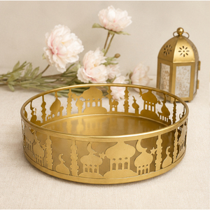 Stylish <b>Gold</b> Metal Ramadan <b>Serving</b> <b>Tray</b> Laser Cut Mosque Design Eid Mubarak Food Plate Islamic Table Decoration for Home Party - Product Image 1