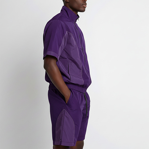 Custom Short Sleeve Windbreaker Tracksuit Set Men Nylon Stand Collar <b>Zip</b> <b>Up</b> Shirt Matching Shorts Casual Purple Streetwear Suit - Product Image 3