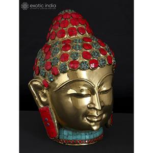 11\" Lord <b>Buddha</b> <b>Head</b> Brass Sculpture with Intricate Inlay Work - Product Image 3