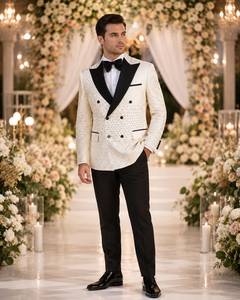 Luxury White Double Breasted Groom Tuxedo Suit with Black <b>Shawl</b> Lapel Premium Rhinestone <b>Wedding</b> Blazer for Men - Product Image 1
