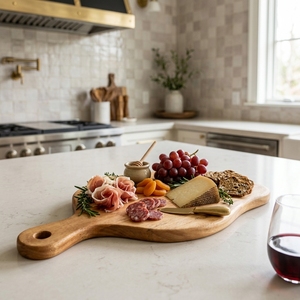 Planche à découper en bois de teck naturel à bords bruts, bloc de découpe en bois organique, plateau de service pour charcuterie, avec poignée de suspension - Product Image 3