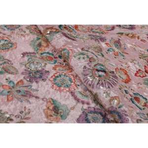 Tela de Crepé de Viscosa con Estampado Floral y Bordado Rosa, 44 Pulgadas de Ancho, con Lentejuelas Doradas y Diseño de Rayas - Product Image 1