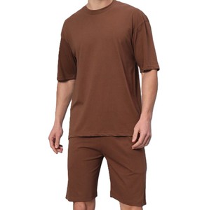 T-shirt à manches courtes pour homme, col rond, décontracté, respirant, 100% coton, couleur unie, coupe classique, ensemble de shorts - Product Image 1