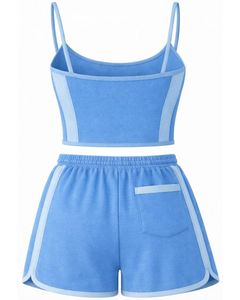 Sky Blue Light Blue Women Camisole And Shorts <b>Set</b> Summer Two Piece Outfit Cotton Blend Crop Top Floral Print Drawstring Shorts - Product Image 2