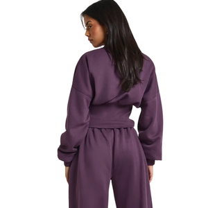 Ensemble de survêtement décontracté deux pièces pour femme, coupe courte, avec fermeture à boutons, en molleton, col rond, taille élastique, jambe large, tenue de sport décontractée - Product Image 4