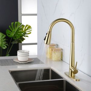 Rubinetto da cucina estraibile color oro, resistente alle impronte digitali, a foro singolo, montaggio su piano per cucine di centri commerciali - Product Image 4