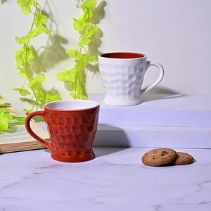 Ensemble de 2 tasses à thé en céramique émaillée bicolore, 60 ml, en grès, avec design texturé à bulles et cuillère, compatibles micro-ondes - Product Image 4