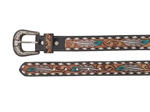 Ceinture en cuir véritable de style western, gravée d'un motif plume, boucle vintage en argent, turquoise, ceinture décontractée pour homme - Product Image 4