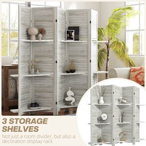 Divisorio per Stanza in Legno Bianco Anticato Alto 170 cm con 5 Pannelli e 3 Ripiani Pieghevoli per Camere da Letto - Product Image 4