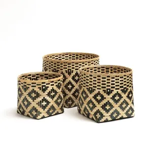 Panier en bambou géométrique rond, contenants de rangement tressés, organisateur de cuisine, articles ménagers de grande taille, ensembles de salle de bain, boîte de décoration intérieure - Product Image 4