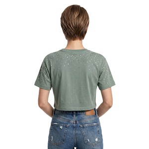T-shirt court personnalisé avec strass, débardeur vert sauge à col rond et manches courtes, chemise décontractée pour femme, tenue d'été - Product Image 2