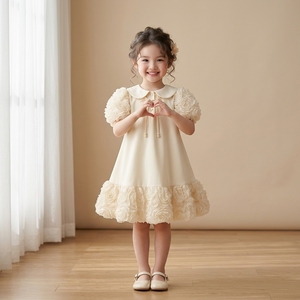Robe de Boutique pour Filles Tutupetti Designer en Ivoire, Faite à la Main, avec Manches Bouffantes 3D en Rose, Col Peter Pan, Coupe A-Line, Robe de Princesse Élégante en Satin - Product Image 3