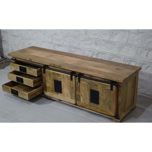Meuble TV compact rustique en bois de manguier massif de style industriel 3 tiroirs 2 portes coulissantes réglables pour le rangement de meubles de maison - Product Image 6